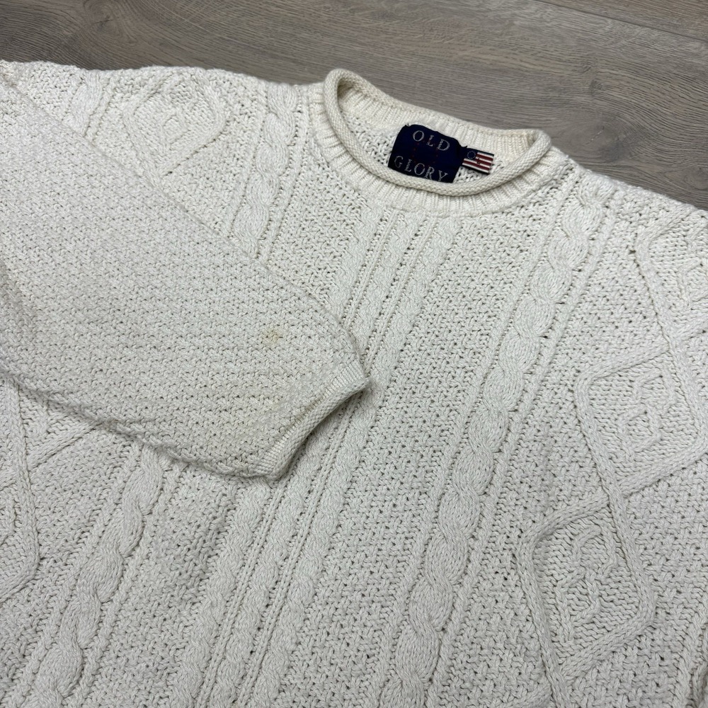 VTG Old Glory Roll Neck Fisherman Sweater Knit Sz L Made In USA STAINS Cotton